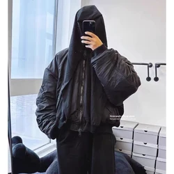 Firmranch New Short Winter Black Padded Bomber Jacket For Men Women Sleeved Hooded Thick Baseball Coat Street Outfits