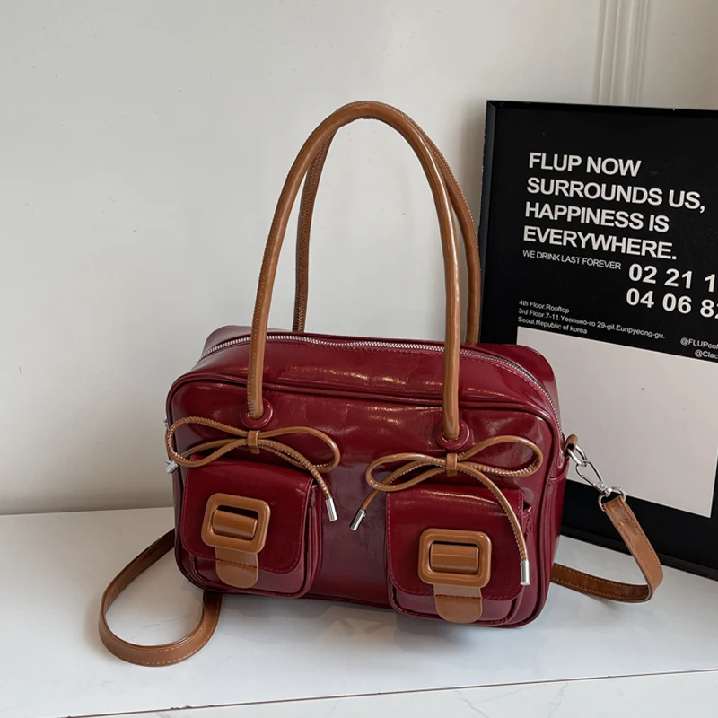 

Ретро красные контрастные цвета сумки через плечо на одно плечо для женщин модные карманные сумки с бантом под мышками короткие дорожные сумки из искусственной кожи