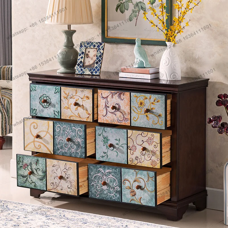 Customization American-Style Solid Wood Vintage Painted Curio Cabinet European-Style 1.2 M Storage Chest Of Six Drawers