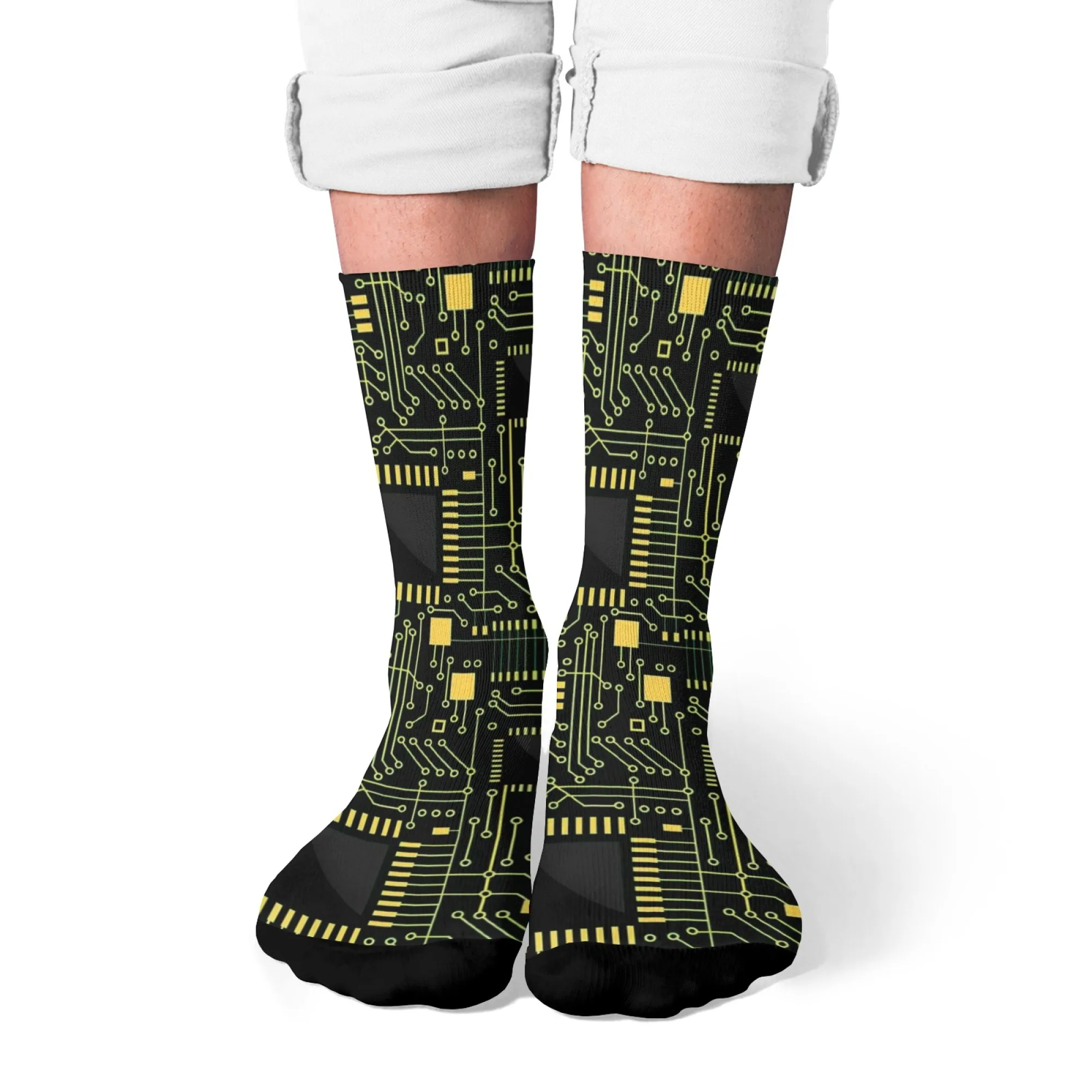Retro Circuit Board Pattern Compression Socks Hip-Hop Style Green & Black Printed Novelty Perfect for Casual Streetwear or Gifts