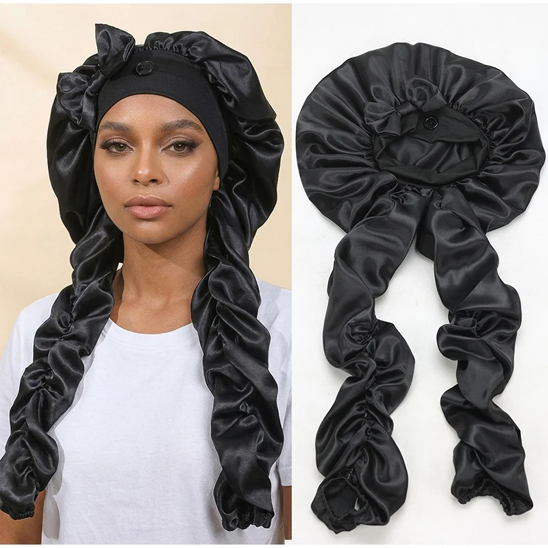 Satin Sleep Cap with Bowknot for Women Silky Long Hair Bonnet Adjustable Tie Band Dreadlock Wrap for Night Hair Care