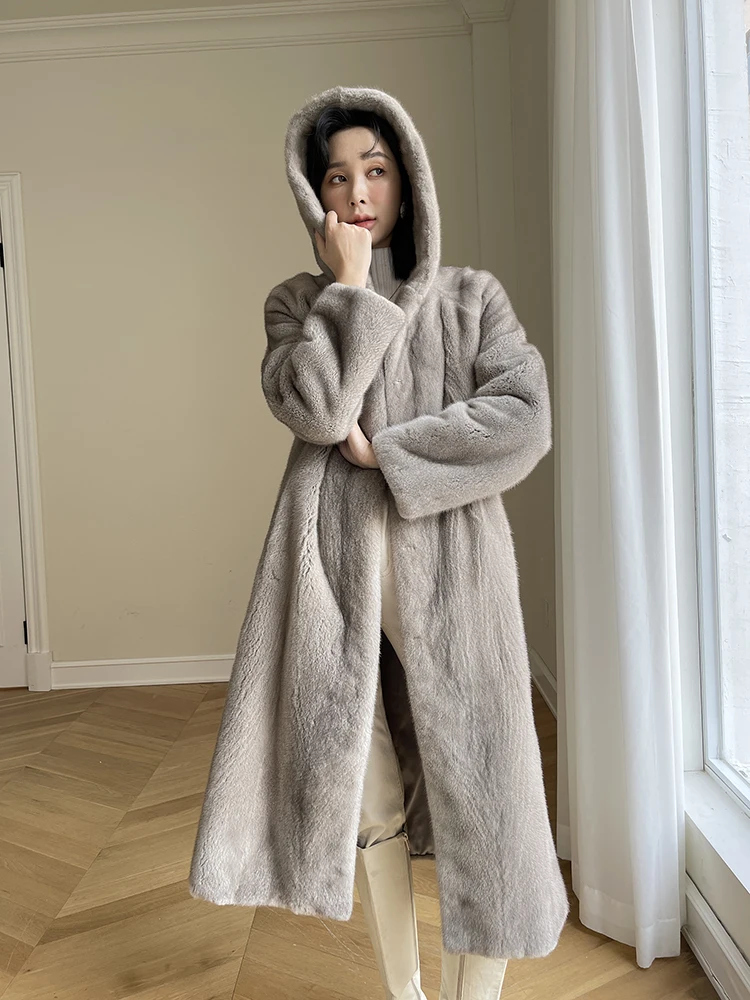 Fangtai 2023 New Winter Import Velvet Mink Fur Coat Women Hooded Hree Shipping Promotion Loss X-Long Natural Real Mink Fur Coats