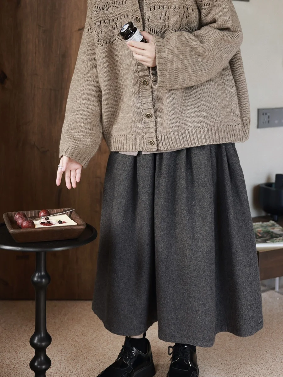 

Autumn Winter Thiened A-Line Skirt Pure Color High Waist Midi Skirt Sweet Sle Wool Blend Polyester Women's Faion