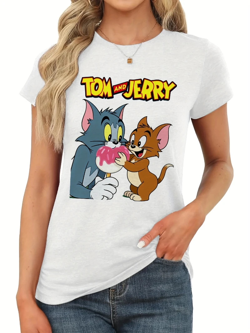رائجة البيع 2025 الصيف توم وجيري المرأة ريترو الكرتون تي شيرت تي شيرت أبيض وأسود الراقية الفاخرة لكل من الرجال والنساء