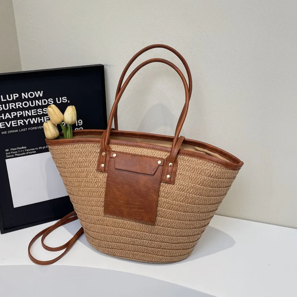 

Vintage Style Straw Baskets Bag Raffia Circle Rattan Material Woven Shoulder Bag Bohemian Design Large Capacity Beach Bag