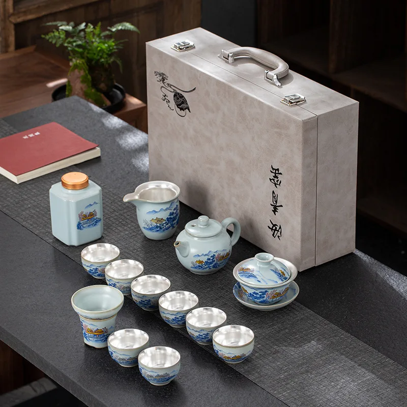 Pure Silver Tea Cup Kung Fu Tea Set Household Ru Kiln Ceramic Three-Talent Gaiwan Teapot Set Business Gift Tea Utensils