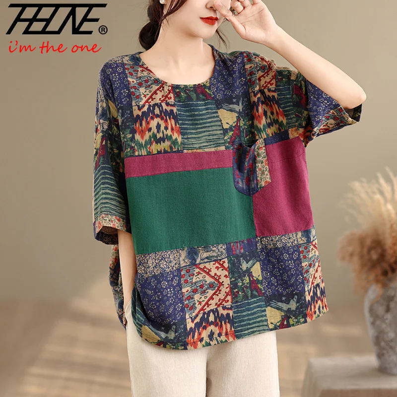 

THHONE Plus Size Fashion Summer Woman Blouse Cotton Linen Casual Loose Print Patchwork O-Neck Vintage Indie Folk Oversized Top