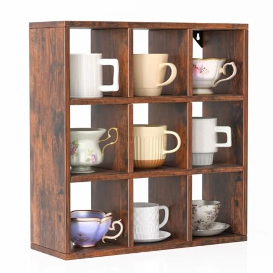 

9 Grid Vintage Coffee Mug Display Rack, 16inch Wall Mounted Wooden Curio Shadow Box Shelf, Cup Floating Shelves Display and Org