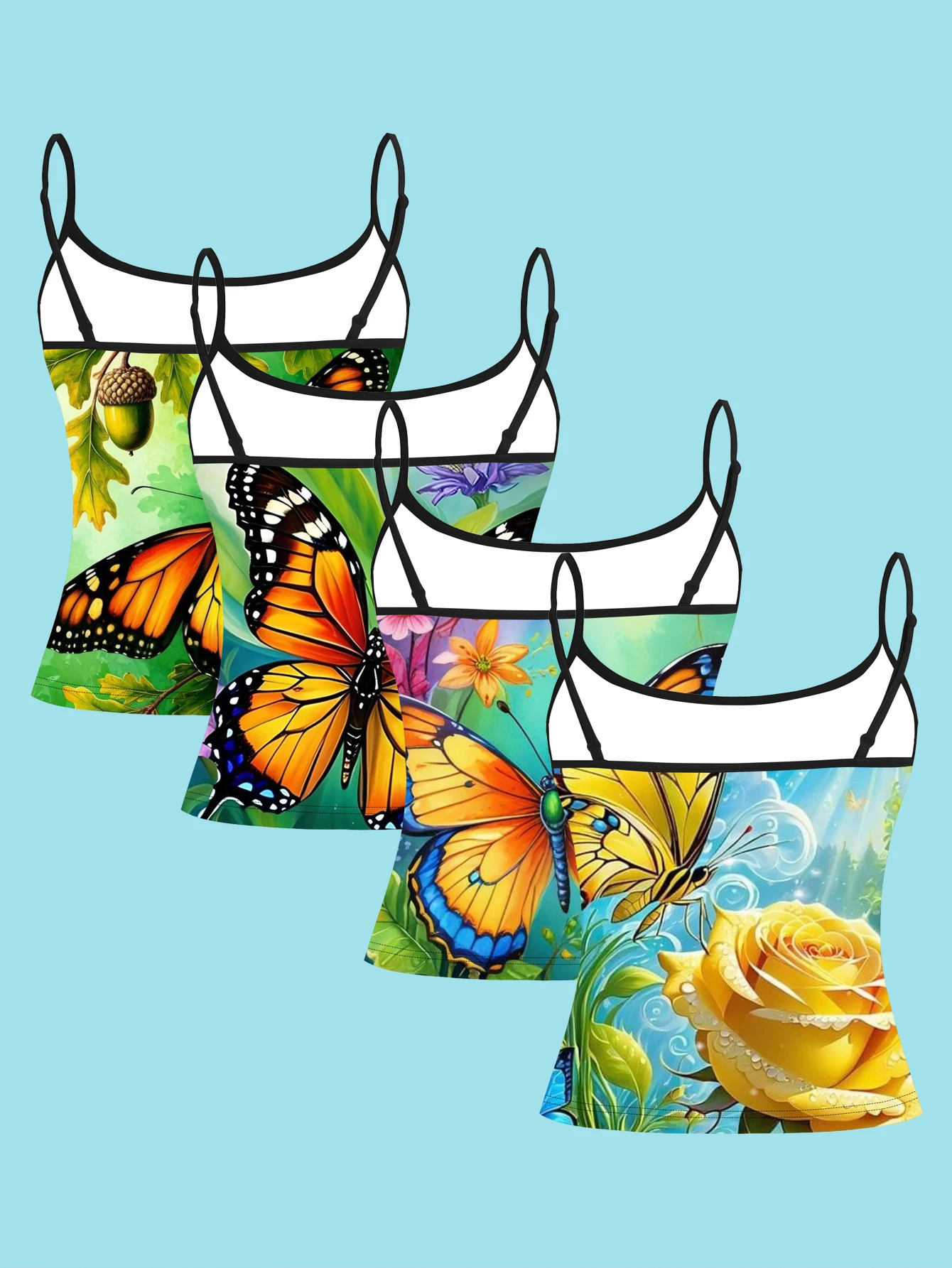 4-Piece Set of Forest-Themed Colorful Butterfly Suspenders Set, Oil Painting Style Yellow Rose and Butterfly Pattern, Slim-Fit Inner Wear for Women