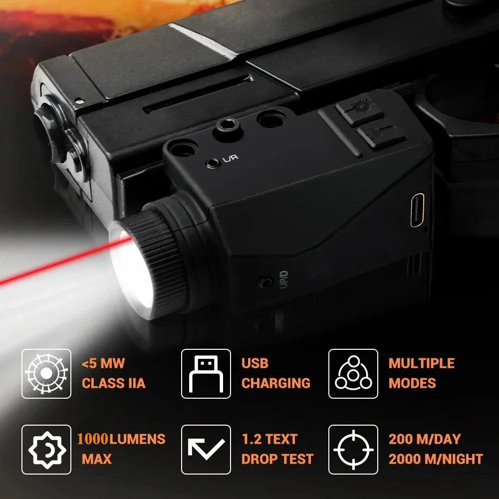 1000 Lumens Tactical LED Flashlight USB Charging Pistol Combo Red Green Blue Purple Laser Sight for 1913 or GL Rail