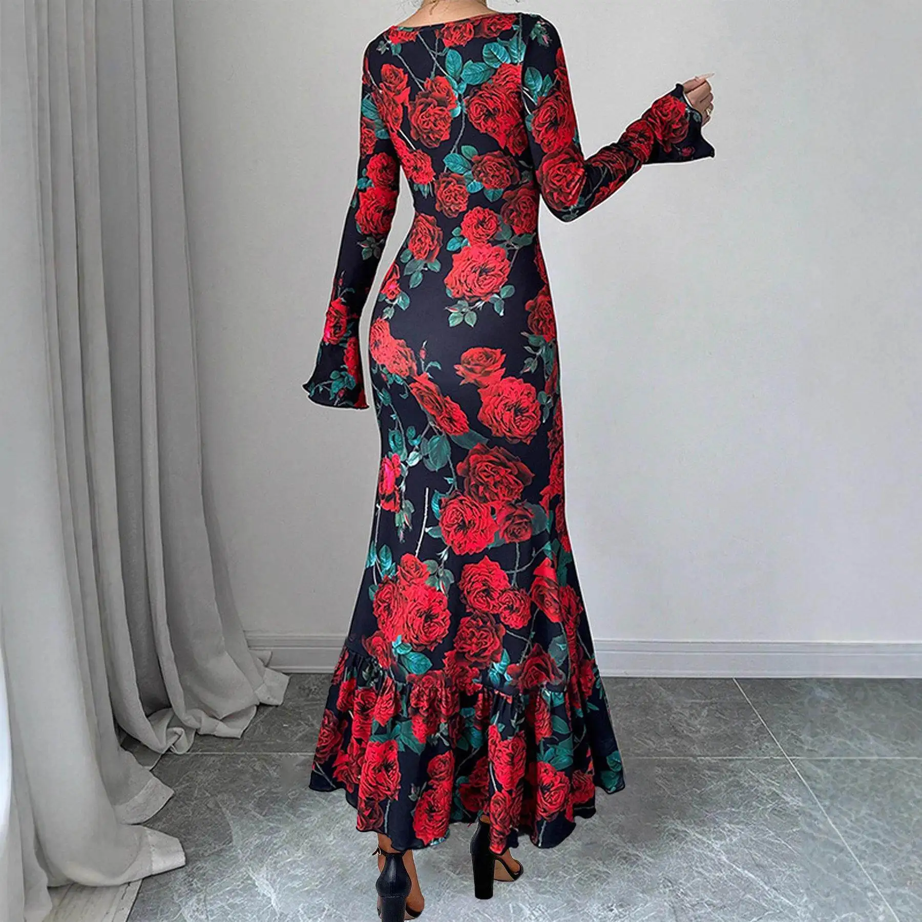 

Ele Slim Fit Long Dr with Rose Floral Print round Ne Micro Flared Sves Bodycon Skirt Cross Border Spring Autumn