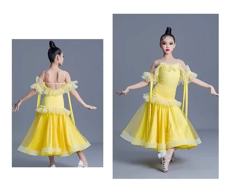 Frühling Sommer Kinder Modernes Walzer-Tanzkleid Professionelles Wettkampf-Trainingskostüm Standard-Ballsaal-Tanzoutfit für Mädchen – Detail 6
