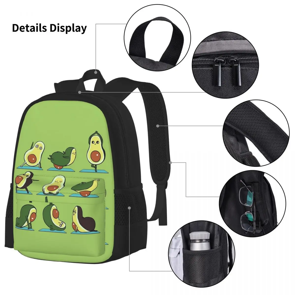 Mochilas de Yoga con aguacate para niños y niñas, mochilas escolares de dibujos animados, bolsa de almuerzo, bolsa para bolígrafos, juego de tres piezas