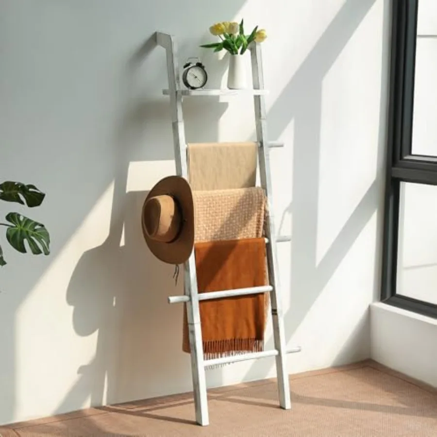 

67-дюймовая деревянная настенная 5-ярусная вешалка-лестница в стиле фермерского дома с полкой и крючками для одеял, пледов и полотенец, для декора гостиной