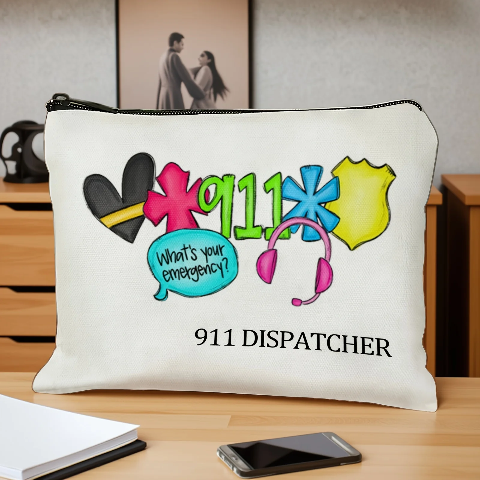 911 Dispatcher Print Canvas Pouch, Zippered Makeup Bag, Emergency Worker Accessory Ba