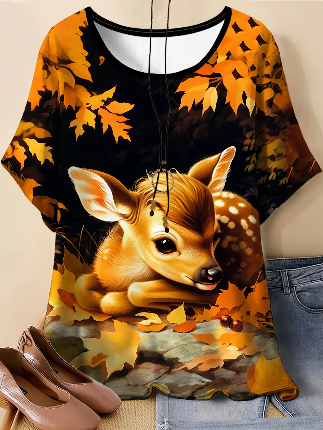 Women Cute Fawn Autumn Maple Leaf Print T‑Shirt Short Sleeve Crew Neck Casual Loose Summer Tops