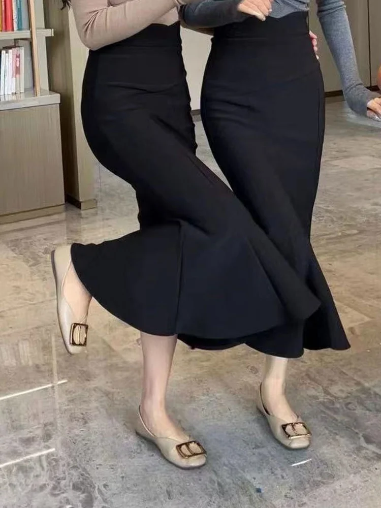 Retro Hong Kong Style High Waist  Skirt Bodycon Black Fish Tail Skirt Women's Daily Wear Comfortable Fit A-Line Skirt