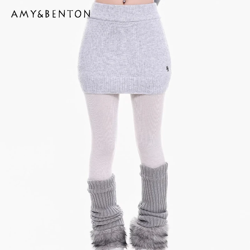 

Корейский дизайн, серая вязаная мини-юбка Y2K для женщин, осень-зима 2025, новая повседневная, облегающая, универсальная, приталенная юбка-бодикон для женщин