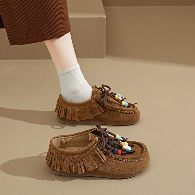 

Womens 3.5cm Platform Moccasins Fringe Beaded Laces Comfortable Walking Shoes Non Slip Sole Casual Footwear for Daily Wear
