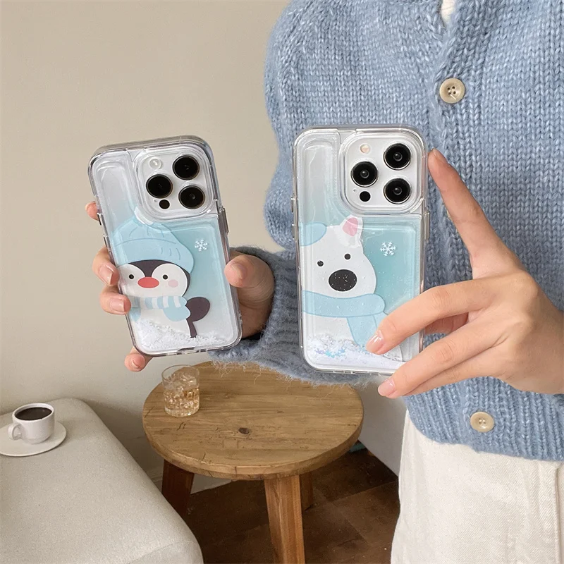 Box Snowflake Flowing Sand Scarf Dog and Penguin Phone Case for iPhone 13 14 15 16 pro max