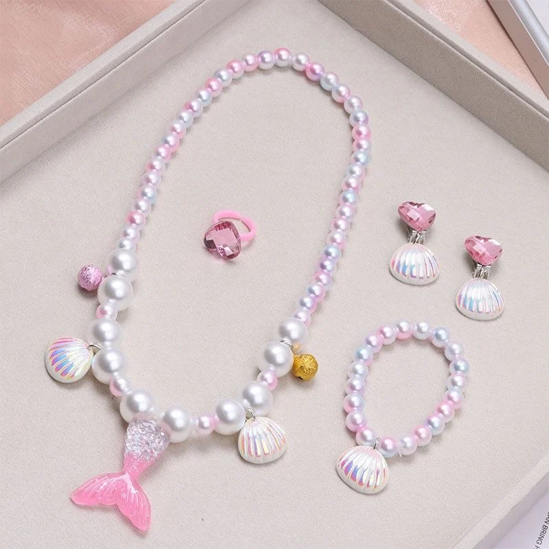 5pcs Girls Jewelry Sets Mermaid Pearl Necklace Bracelet Ring Earring Set Kids Toys Children Princess Fashion Accessories Girl