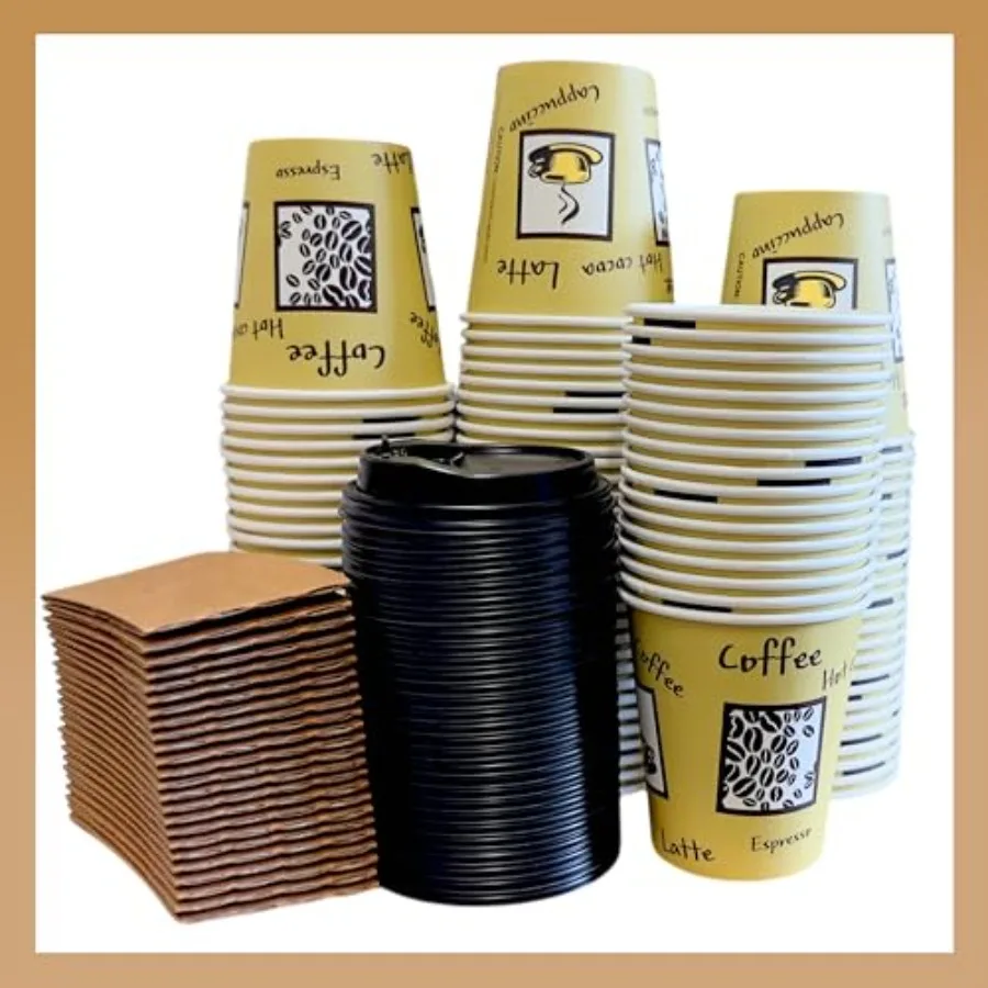 

Paper Cups [ ] Lids and Sleeves x [ Pack] Disposable Hot Cold Beverage Drinking Coffee Water Juice Tea Party Travel Events Cafe