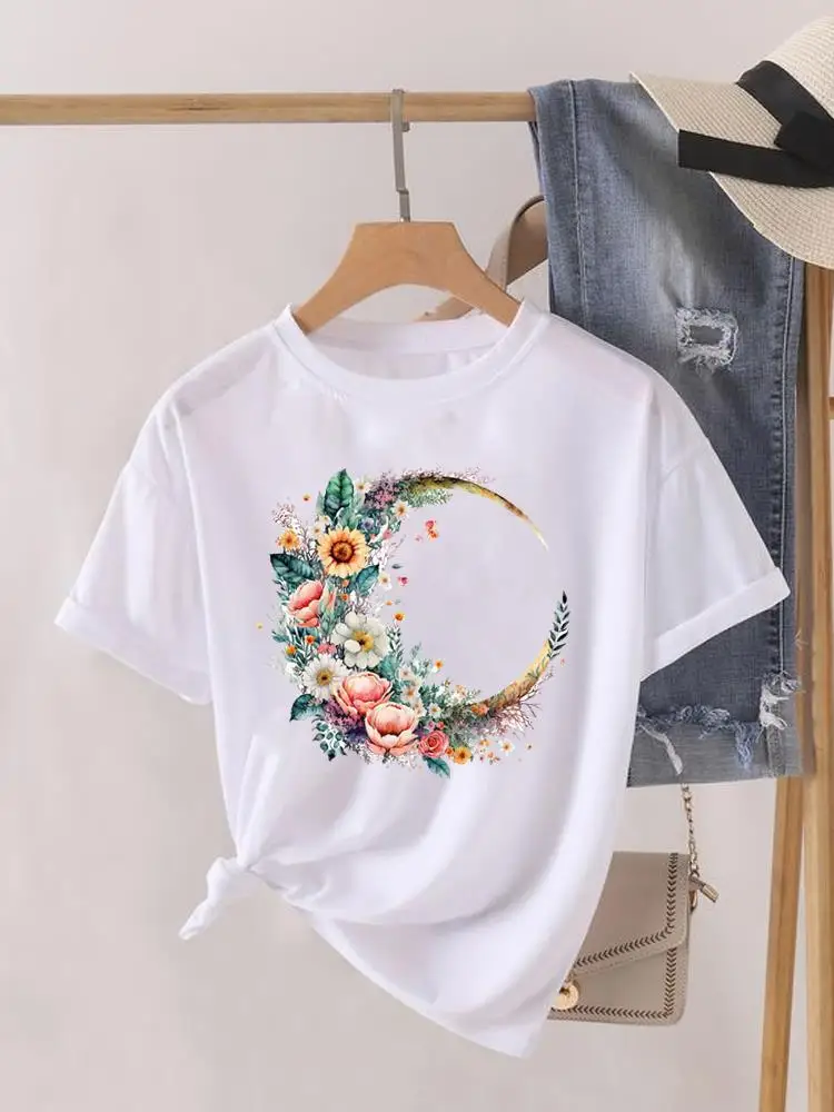 

Moon Flower Lovely Sweet Women Clothes O-neck Graphic T-shirt Fashion Print Short Sleeve Lady Top Female Womens T Shirt Tee