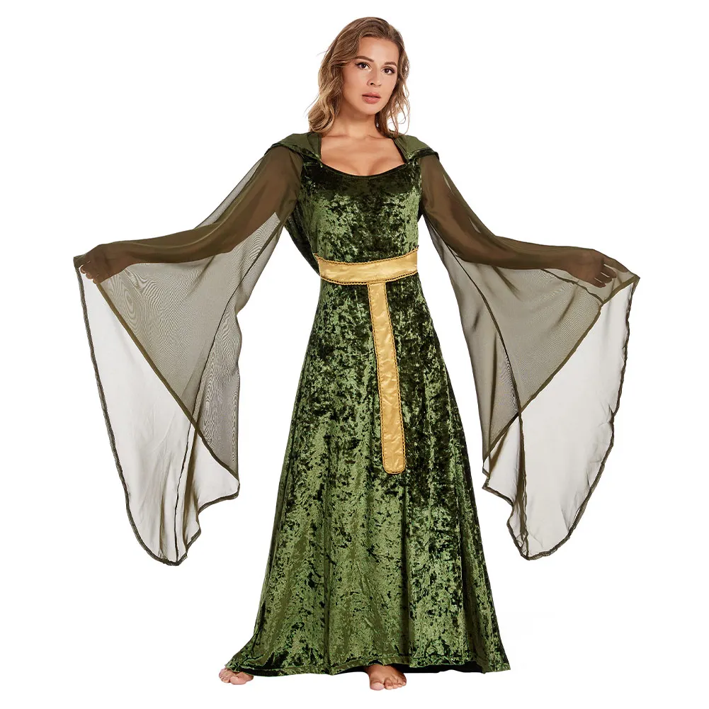 Fantasia retrô de cosplay de bruxa para mulheres, capa com capuz com cordões, vestido medieval, túnica de cordão, roupas de Halloween