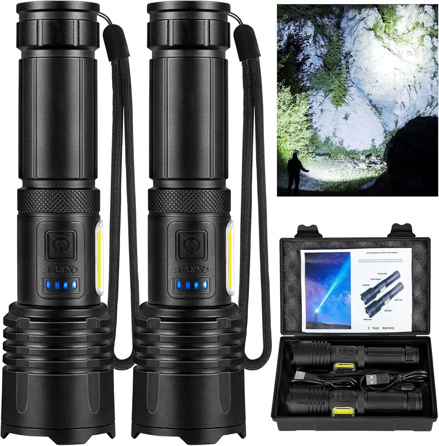 

Rechargeable 90,000 Lumen LED Flashlights, 2-Pack Super Bright Waterproof with 7 Modes for Home