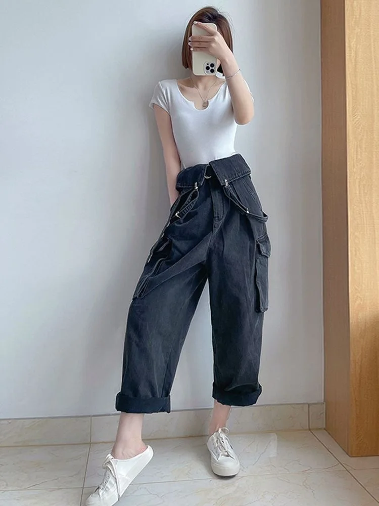 Sexy Denim Overalls Frauen neue Vintage Streetwear Overalls weibliche koreanische Mode gerade lose breite Bein lässige Jeans Hosen