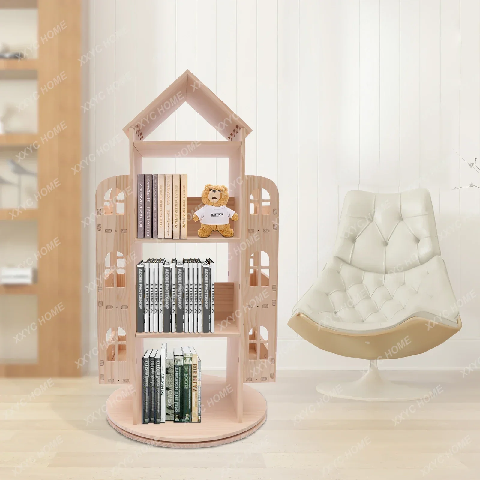 Wood Rotating Bookshelf 360° Display Floor Standing Bookcase Storage Rack Display Stand for Kids Children's Bookshelf