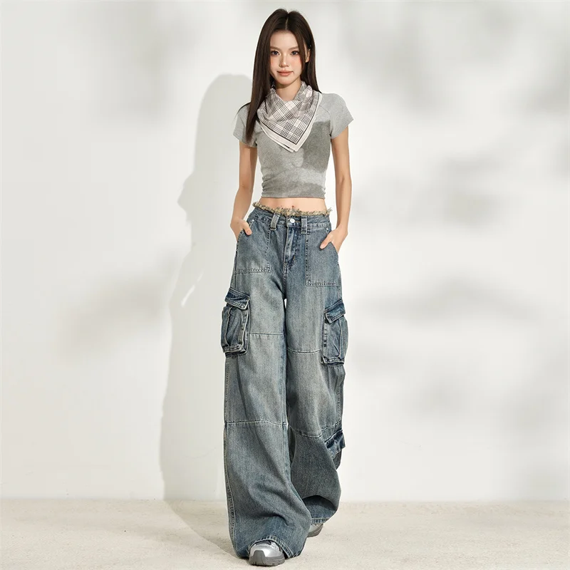 American Sweet Cool Style Women Vintage Cargo Denim Pants Raw Edge Waist Multi Side Pockets High Waist Wide Leg Y2K Trousers
