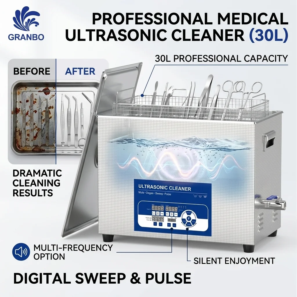 Granbo Sonic Multi-frequency Ultrasonic Cleaner 800W 30L with Carburetor for Laboratory Precision Parts Washing 40/80/100/120KHz