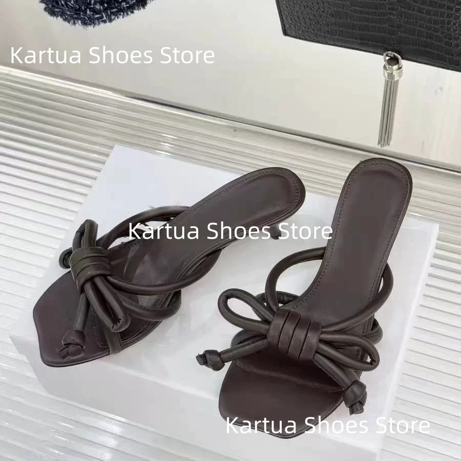 Women's Black Knot Detail Square Toe High Heel Mule Sandals Slip-On Design Elegant Retro Ladies Casual Street Daily Slippers