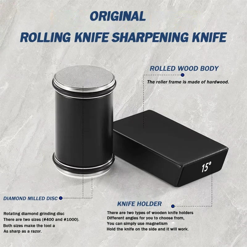 Rolling Knife Sharpener Double-Sided Diamond Sharpening Stone 15/20° Degree Magnetic Angle Roller Sharpening Kitchen Chef Knives