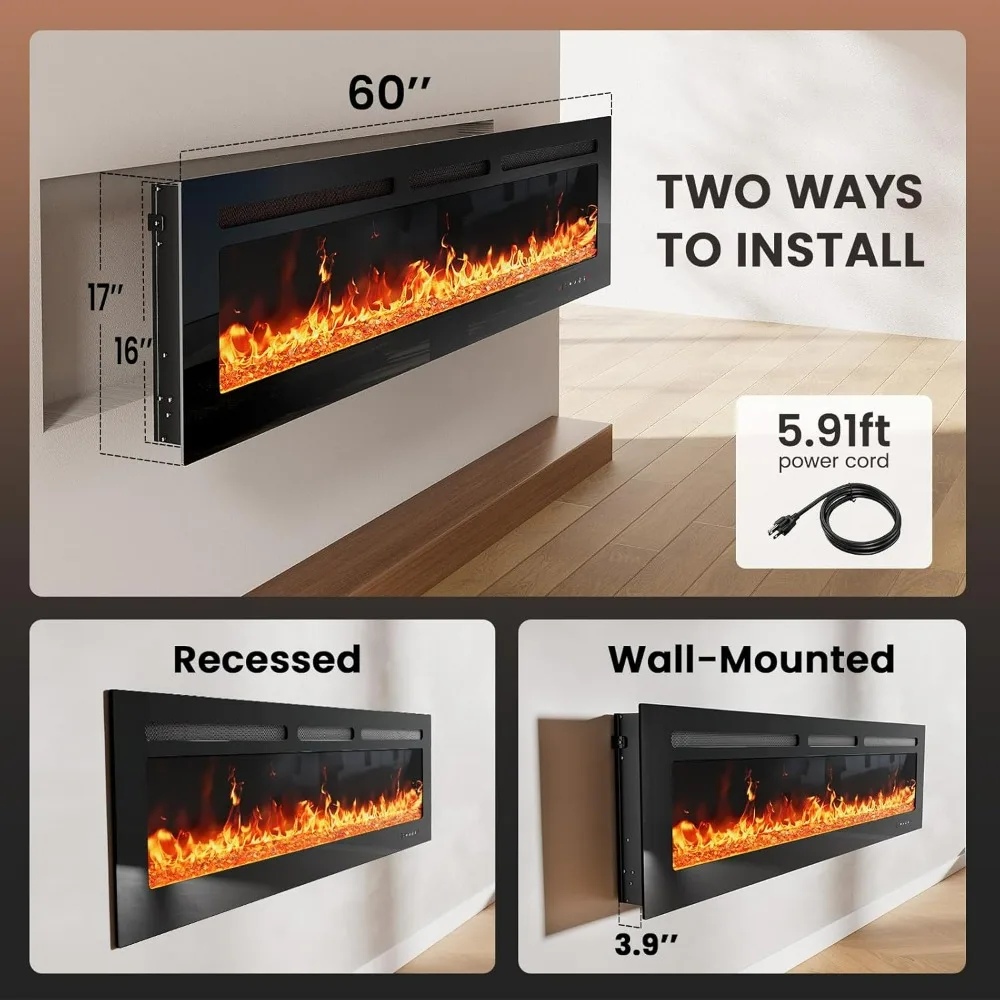 60″ Electric Fireplace Heater with App & Remote Control, Wall-Mounted or Recessed Electric Fireplace Inserts with Timer