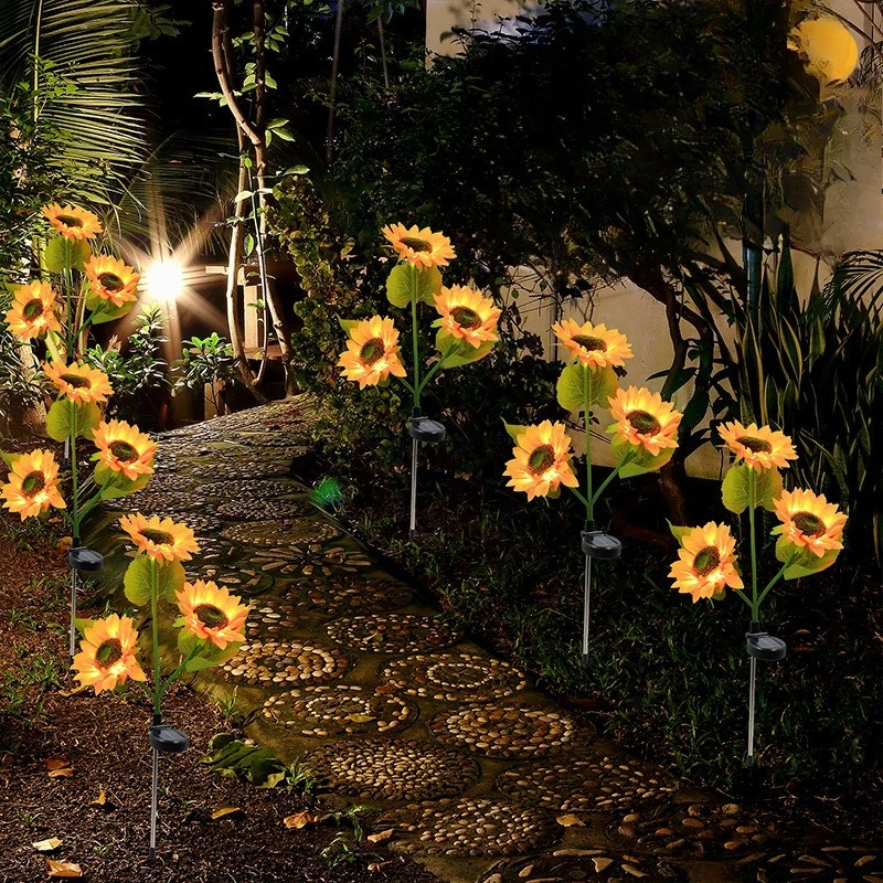 

2pcs Solar Three Head Sunflower - Pole Bright Decorative Light GardenCourtyard Lawn Decorative Lighting Waterproof Outdoor Light