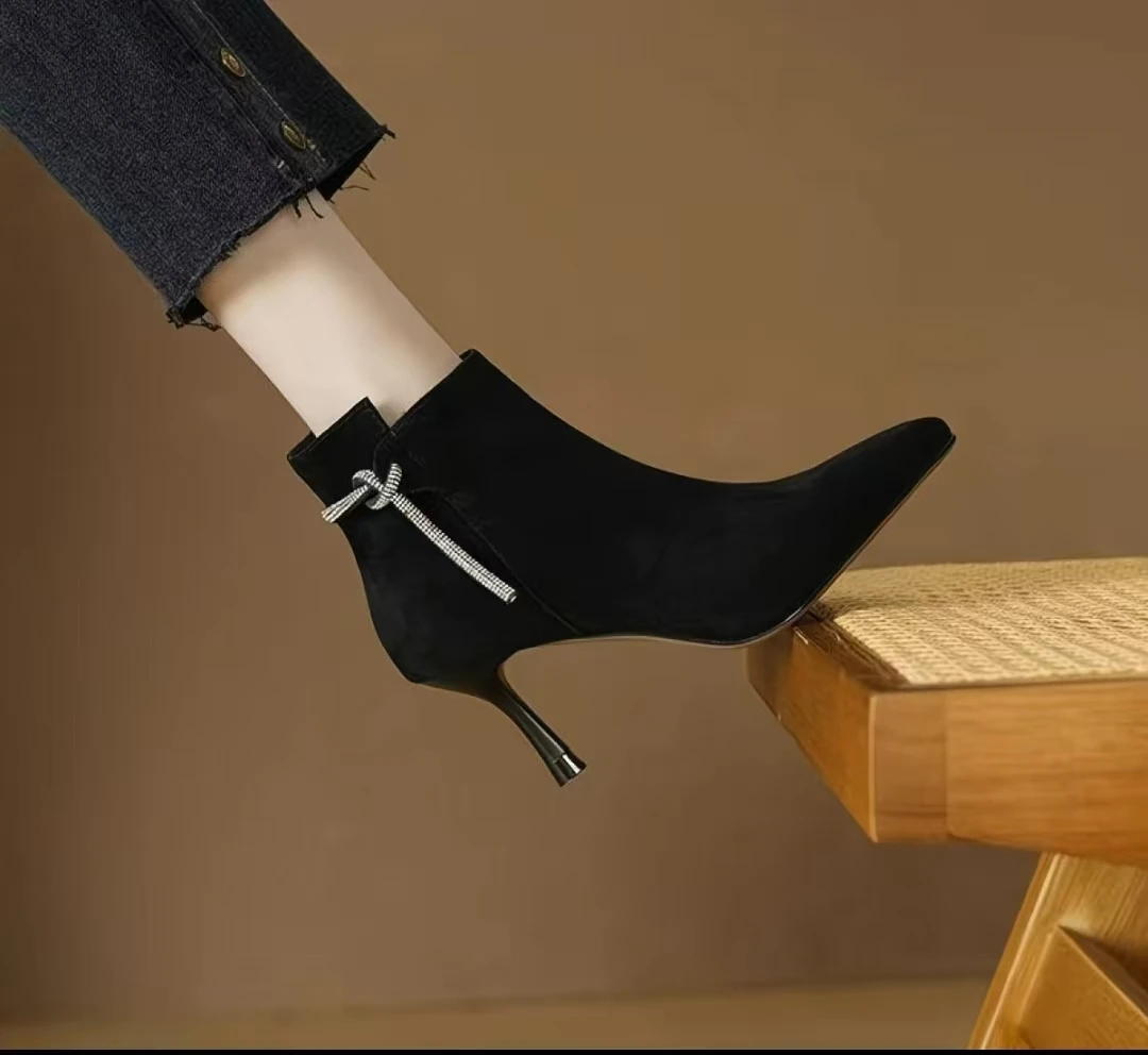 جديد الخريف حذاء من الجلد الجلد المدبوغ أحذية من الجلد للنساء أشار تو أحذية كعب رقيقة سستة الأحذية الحديثة عقدة أحذية عالية الكعب