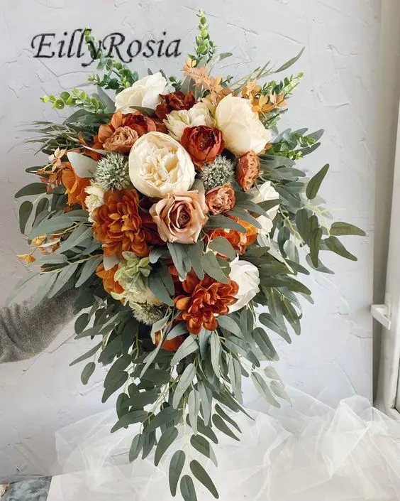 EillyRosia ramo de boda naranja óxido, terracota Ted Bakerfocus, ramos de novia, Otoño, flores falsas de boda artificiales