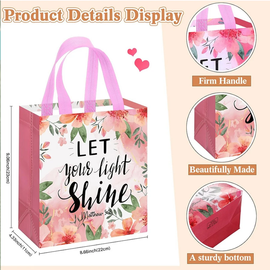 32 Pcs Bible Verse Flower Gift Bag with Handles Religious Reusable Gift Bags Bulk Christian Baptism Tote Bags Non Woven Gift Bag