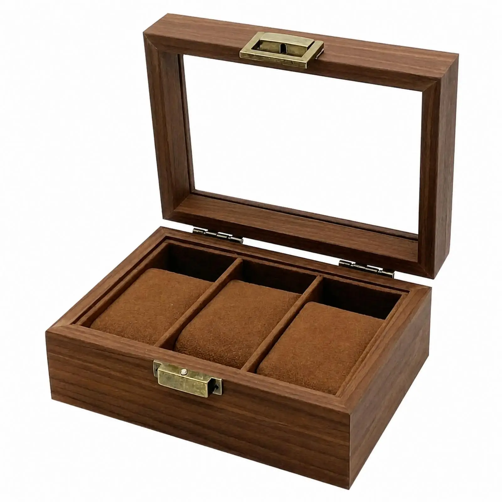 Walnut Wood Watch Storage Case 3 Slot Glass Top Display Box for Men Women Home Desktop Organizer
