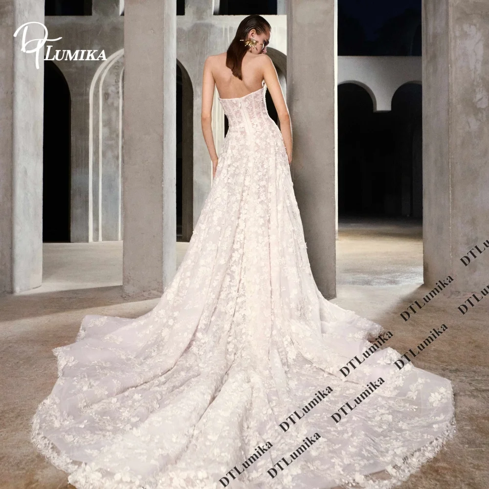 Dreamy Floral Lace Wedding Dress Sheer Puff Long Sleeves Sweetheart \Mermaid Silhouette Chapel Train Romantic Boho Bridal Gown