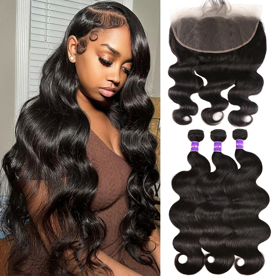 

Body Wave Bundles With Frontal 100% Indian Human Hair Weave 3 Bundles With Closure Natural Weave Body Loose Bundles With Frontal