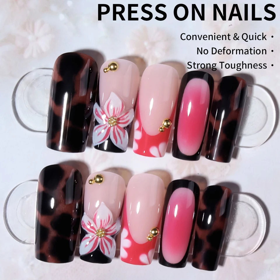 24 Piezas Uñas Postizas Francesas Acrílicas Largas Cuadradas con Flores y Perlas 3D, Juego Perfecto Incluido 2
