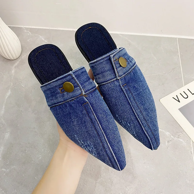 European and American washed denim flat open-toe slippers for women large size pointed-toe mules half-strap shoes for women