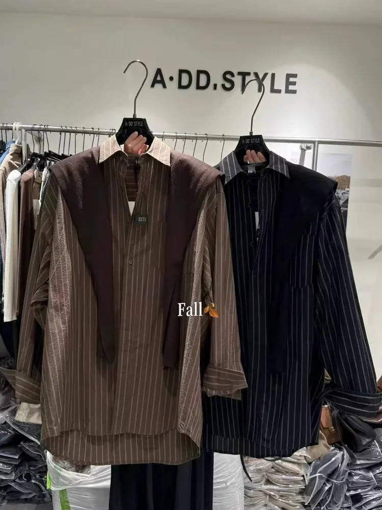 

Loose Striped Long Sve irt Knitted awl Two-Piece Set Women's Vintage Sle Printed Collar Casual Commute Wear