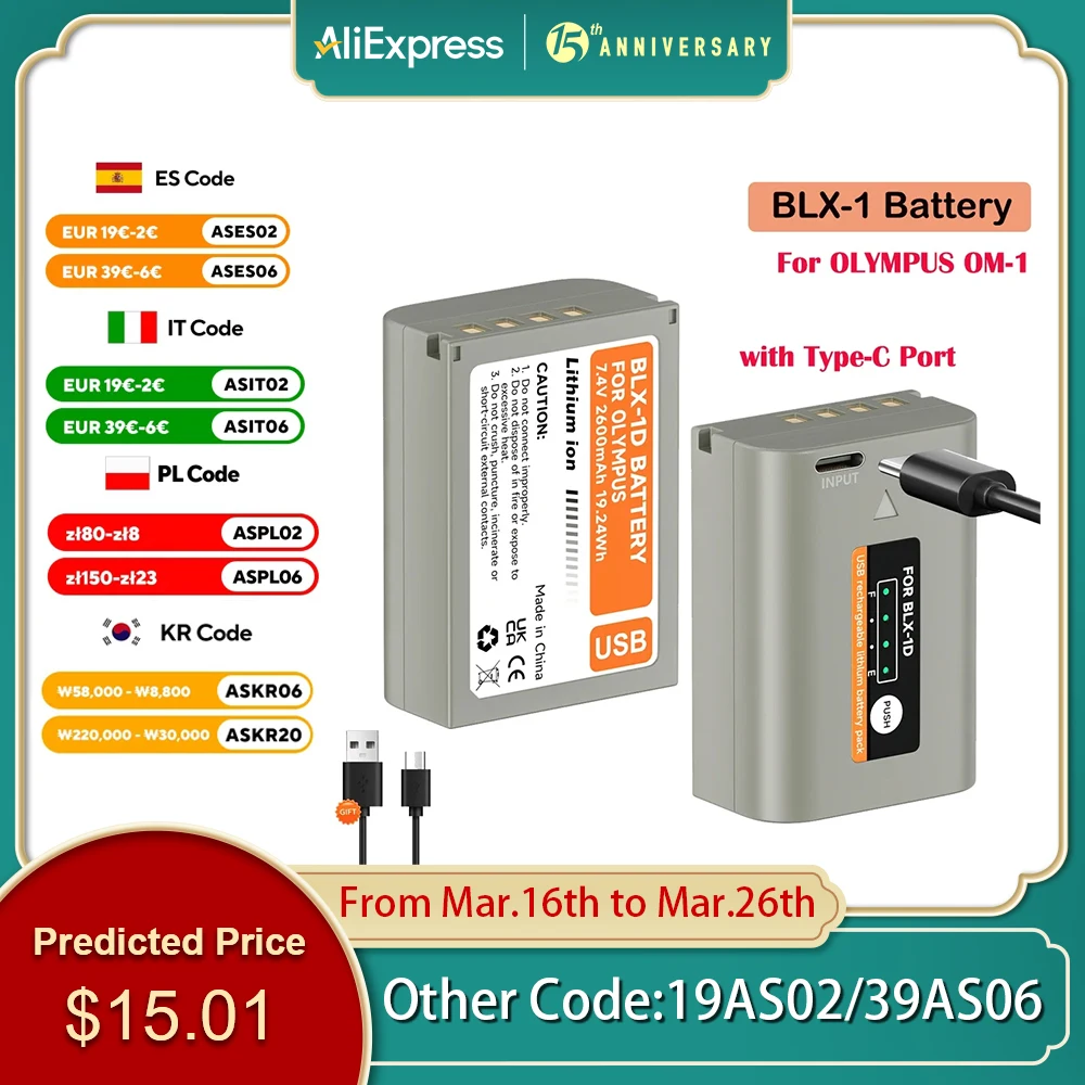 BLX 1 BLX-1 Battery with Type C USB Fast Charging Port for Olympus OM1 MARK II  OM-1 OM System 2600mAh BLX1 Camera Battery OM 1