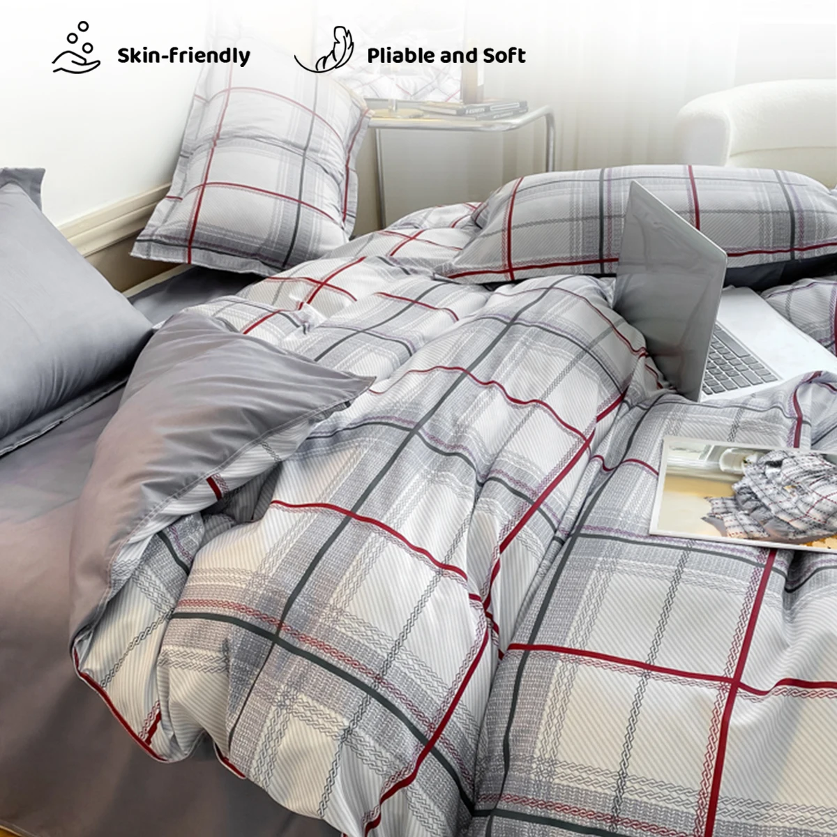 3PCS Plaid Checkered Bedding Set Soft Microfiber Duvet Cover Grey Red Grid Bed Linens Reversible Solid Side For Bedroom