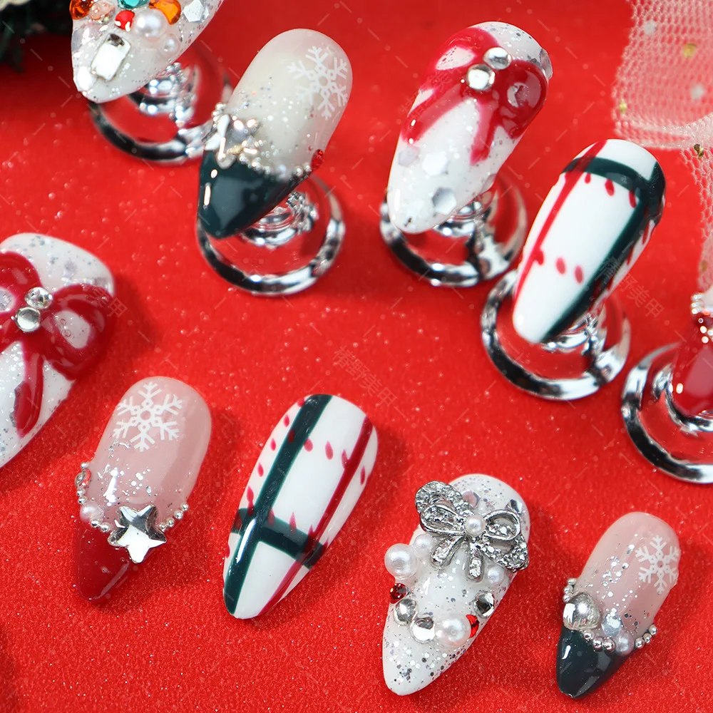 Faux ongles à pression française à carreaux noirs et rouges, paillettes flash, nœuds papillon, perle, diamant, décor fait à la main, Noël, amande, N64.10 pièces