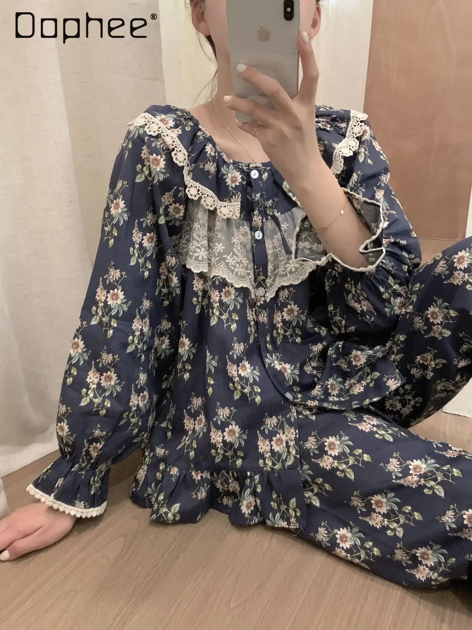 Chic Floral Print Pajama Sets Ruffle Lace Patchwork Cotton Sweet Sleepwear for Women Round Collar Long Sleeve Loungewear